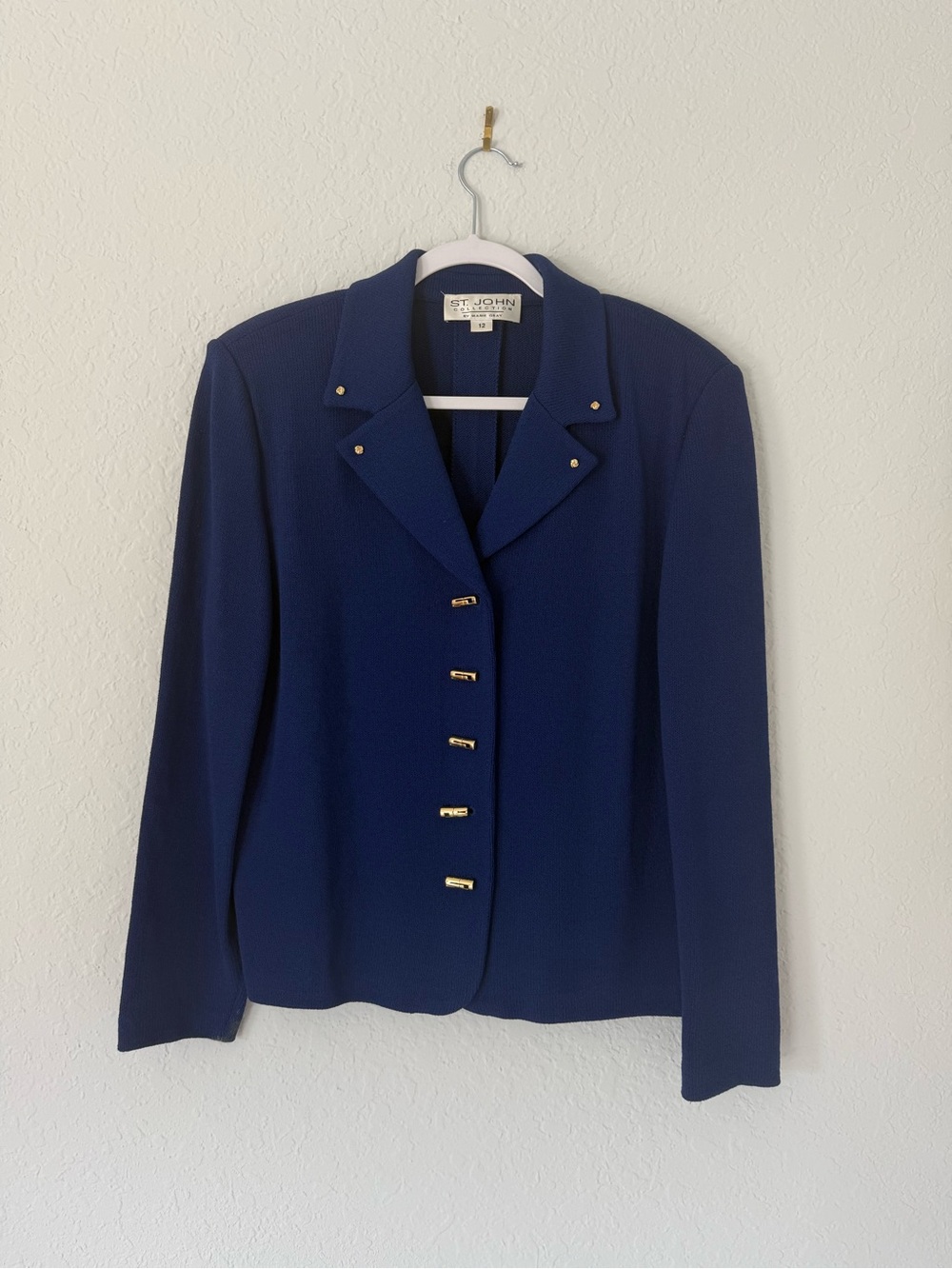 St. John Knit Collection Blue Gold Button Jacket Blazer Size 12 Elegant USA